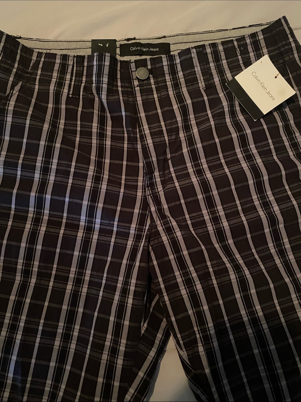 Calvin Klein Men’s Black and White Plaid Flat-Front Shorts